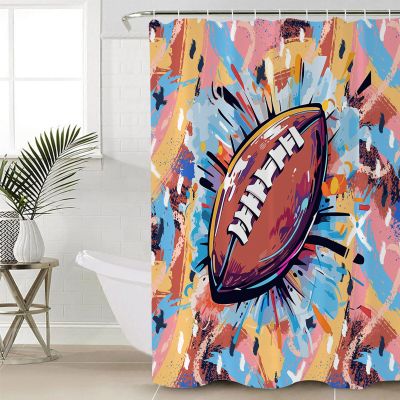 Anzona Football Waterproof Shower Curtains Set - Standard 66 x 72 Inch, Yellow Blue Pink Watercolor Abstract Art Sports Polyester Fabric Bathroom Curtain with 12 Hooks, Bathroom Accessories, 1 Panel