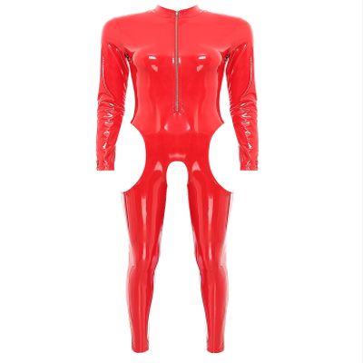 YiZYiF Women Sexy Hollow Out Latex Catsuit PVC Exotic Costume Lingerie Full Bodysuit Leotard Clubwear Red Medium