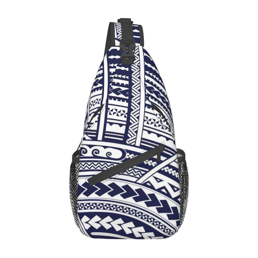 WURTON Blue Polynesian Maori Tribal Pattern Sling Backpack, Multipurpose Travel Hiking Daypack Rope Crossbody Shoulder Bag