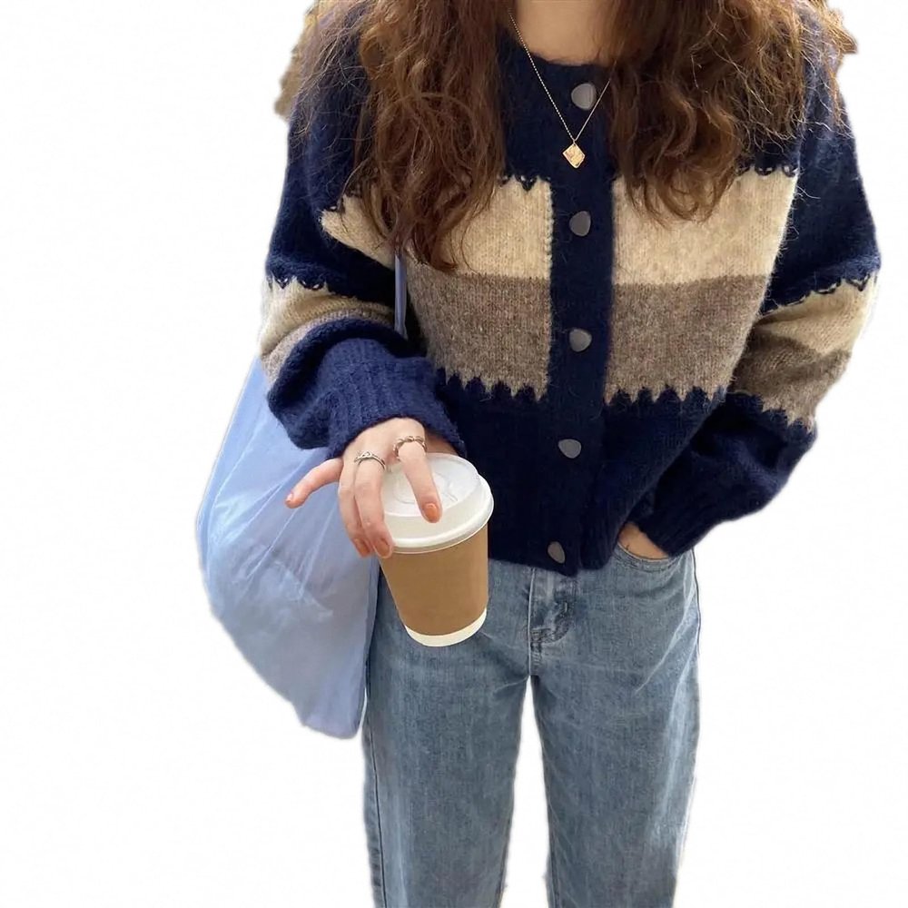 Tinpia Women's Spring Autumn Round Neck Contrast Button Casual Versatile Long Sleeve Loose Sweater Knitted Cardigan Tops Royal Blue S 40-47.5 Kg