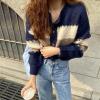 Tinpia Women's Spring Autumn Round Neck Contrast Button Casual Versatile Long Sleeve Loose Sweater Knitted Cardigan Tops Royal Blue S 40-47.5 Kg view 2