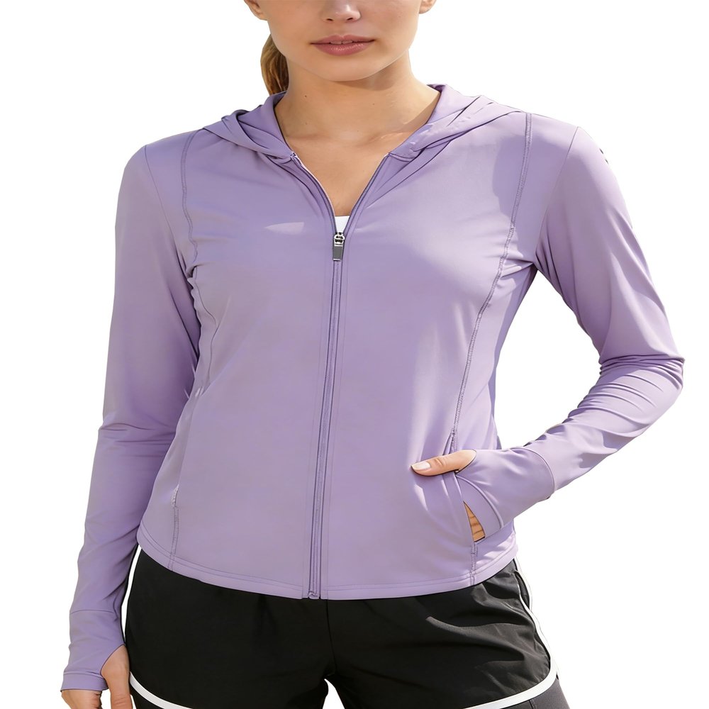 AGVNG Womens UPF 50+ Long Sleeve Hooded Sun Jackets Lightweight Sun Protection Clothing SPF Cooling Shirts Workout Athletic Hiking Running Tops Thumb Hole Purple M