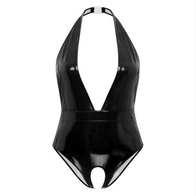 Jugaoge Women's Catsuit Wet Look PVC Leather Halter Neck Bodysuit One Piece Cutout Jumpsuit Clubwear Black C Large