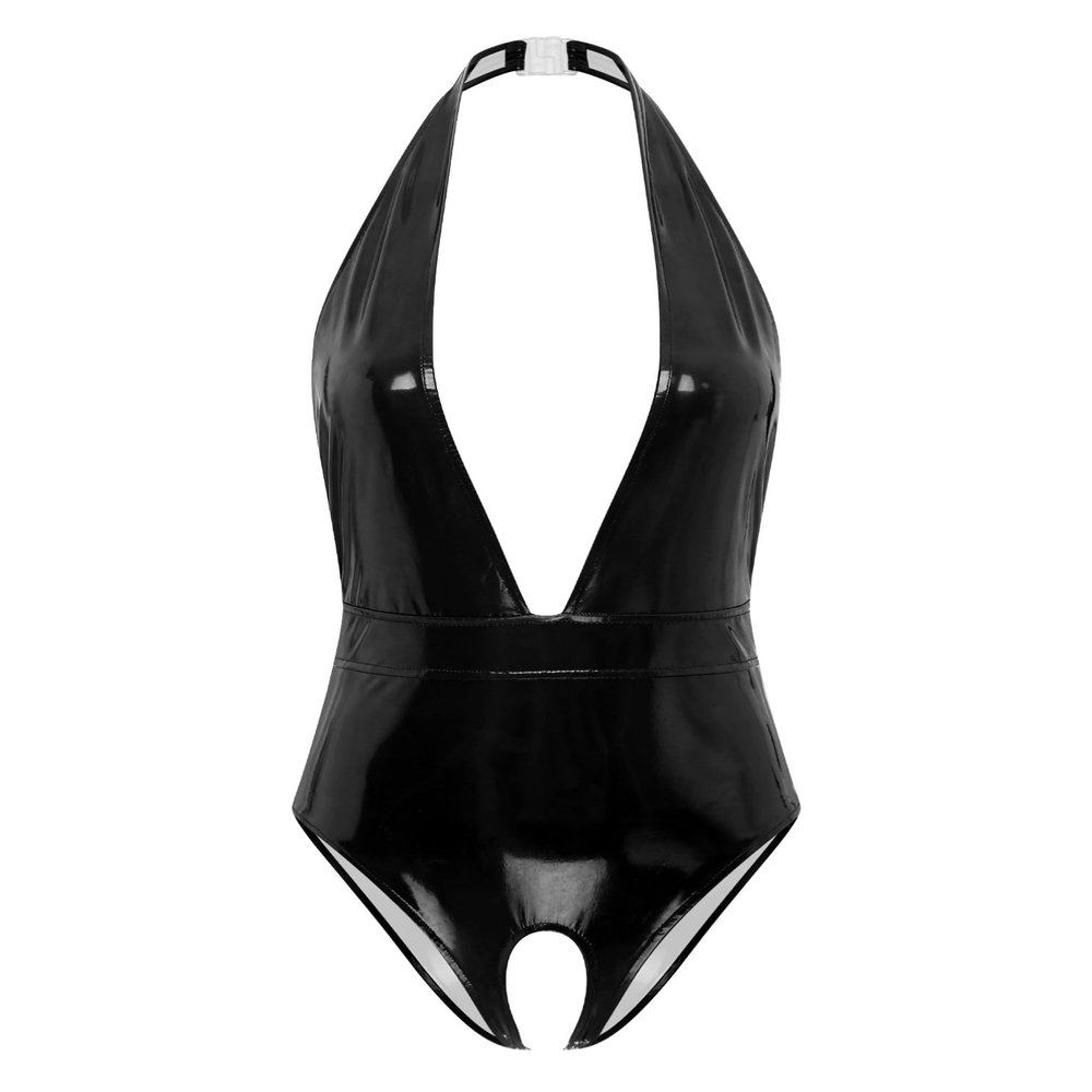 Jugaoge Women's Catsuit Wet Look PVC Leather Halter Neck Bodysuit One Piece Cutout Jumpsuit Clubwear Black C Large