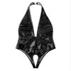 Jugaoge Women's Catsuit Wet Look PVC Leather Halter Neck Bodysuit One Piece Cutout Jumpsuit Clubwear Black C Large view 4