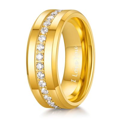TRUMIUM 8mm Men's Wedding Bands I Love You Engraved Tungsten 24K Gold Plated Rings for Men White Cubic Zirconia Eternity Ring Cz Inlaid Beveled Edges Comfort Fit Size 7
