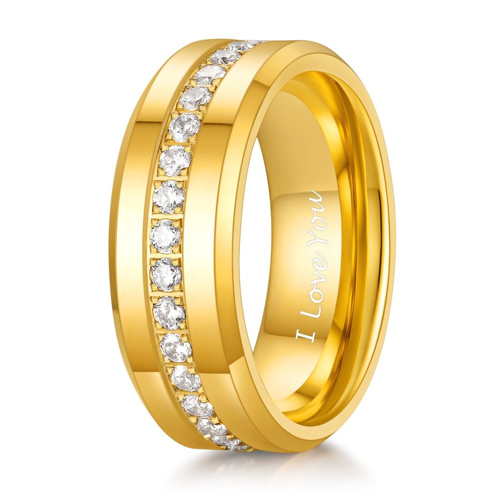 TRUMIUM 8mm Men's Wedding Bands I Love You Engraved Tungsten 24K Gold Plated Rings for Men White Cubic Zirconia Eternity Ring Cz Inlaid Beveled Edges Comfort Fit Size 7