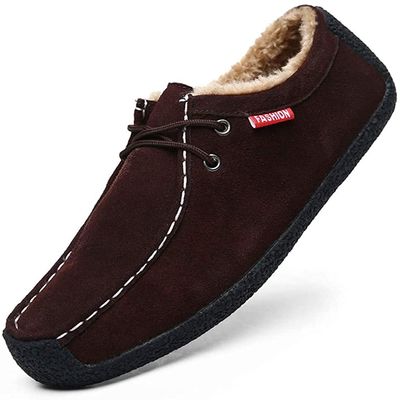Asifn Men Slip On Moccasin Slippers Loafers Suede Indoor Outdoor Boat Shoes Casual Fuzzy Comfy Wool-blend Memory Foam 7 Brown