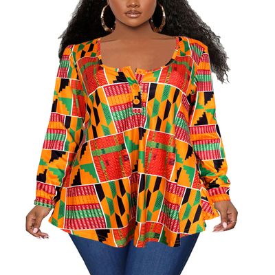 Afibi Women's Long Sleeve Henley T Shirts Button Down Loose Fit Tops Scoop Neck African Dashiki Shirts (Medium, Golden Green)
