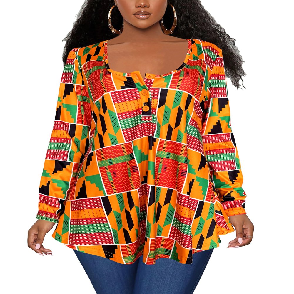 Afibi Women's Long Sleeve Henley T Shirts Button Down Loose Fit Tops Scoop Neck African Dashiki Shirts (Medium, Golden Green)