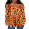 Afibi Women's Long Sleeve Henley T Shirts Button Down Loose Fit Tops Scoop Neck African Dashiki Shirts (Medium, Golden Green) view 3