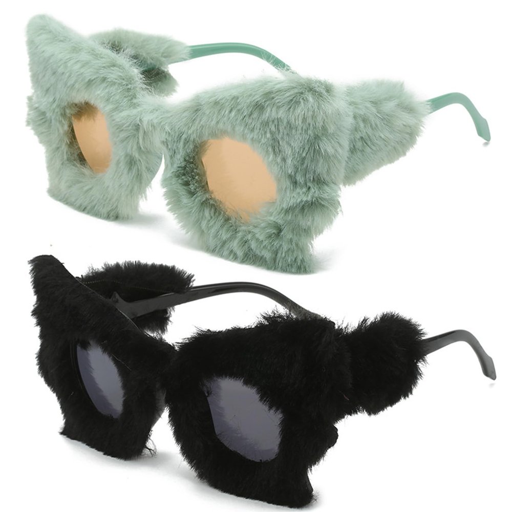 Women Plush Cat Eye Sunglasses Punk Soft Velvet Shades Ladies Handmade Party Masquerade Eyewear (black+green)