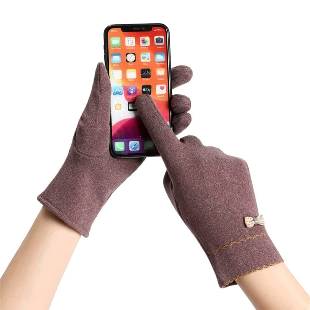 Gloves Full Finger Gloves, Cute Bow Touch Screen Plus Velvet Gloves, Winter Warm Cotton Mittens for Outdoor Cycling Shopping, Brown Full Finger