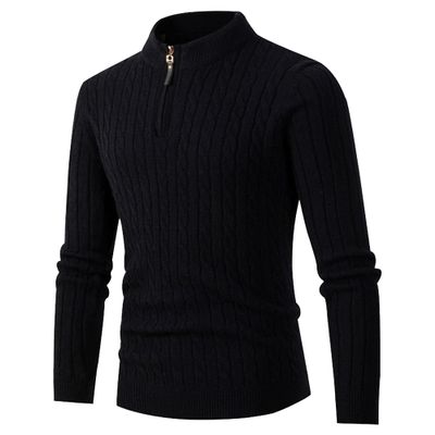 SWJGLITTR Men's Quarter Zip Knitted Pullover Skinny Knit Zip Up Polo Sweater Male Twists Pattern Casual Golf Sweater (Medium,Black)