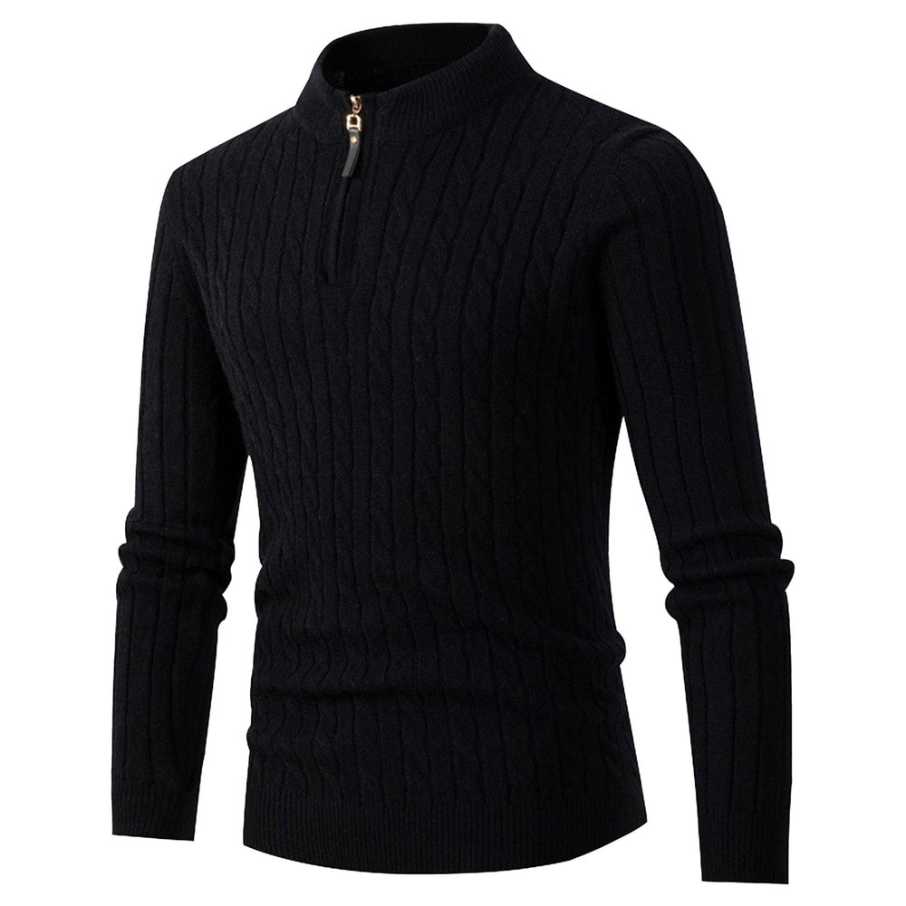 SWJGLITTR Men's Quarter Zip Knitted Pullover Skinny Knit Zip Up Polo Sweater Male Twists Pattern Casual Golf Sweater (Medium,Black)