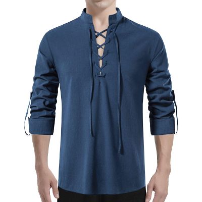 Akkad Kuti Mens Renaissance Shirt Long Sleeve Medieval Retro Lace Up Shirt Men Viking Linen Pirate Costume (Dark Blue, L)