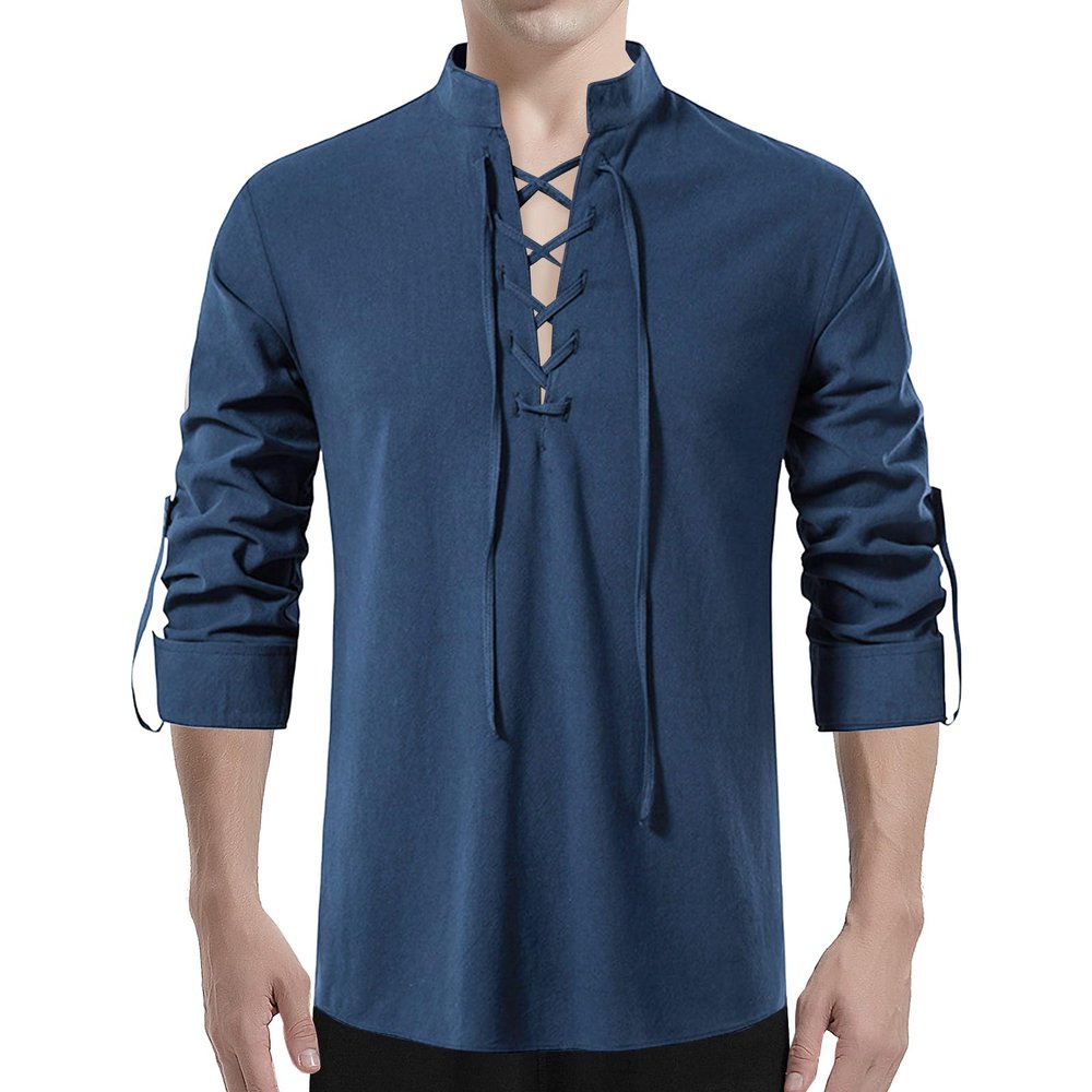 Akkad Kuti Mens Renaissance Shirt Long Sleeve Medieval Retro Lace Up Shirt Men Viking Linen Pirate Costume (Dark Blue, L)