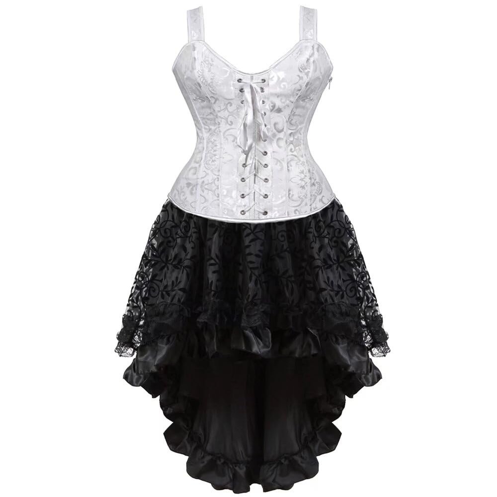 Jutrisujo Corset Dress Bustier Skirt Tutu Lingerie for Women Plus Size Burlesque Victorian Costume Black White S