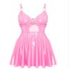 Vxuxlje Women's Wet Look Faux Leather Sleeveless A-Line Dress Strappy Ruffled Flared Party Dress Pink Medium view 3