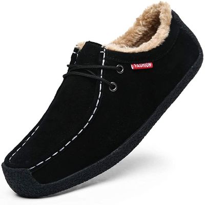 Asifn Men Slip On Moccasin Slippers Loafers Suede Indoor Outdoor Boat Shoes Casual Fuzzy Comfy Wool-blend Memory Foam 12.5 Black