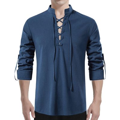 Akkad Kuti Mens Renaissance Shirt Long Sleeve Medieval Retro Lace Up Shirt Men Viking Linen Pirate Costume (Dark Blue, 3XL)