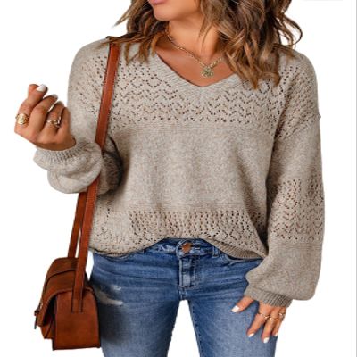 SHEWIN Oversized Sweaters for Women Lightweight Casual Long Sleeve V Neck Crochet Sweater Womens Tops Cable Knit Spring Clothes for Women 2025 A Brown X-Large