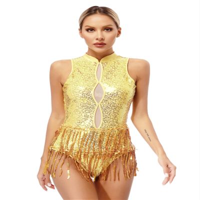 Hularka Women's Fringed Sequins Leotard Tassel Latin Samba Ballroom Dance Dress Party Costume A_Gold X-Large