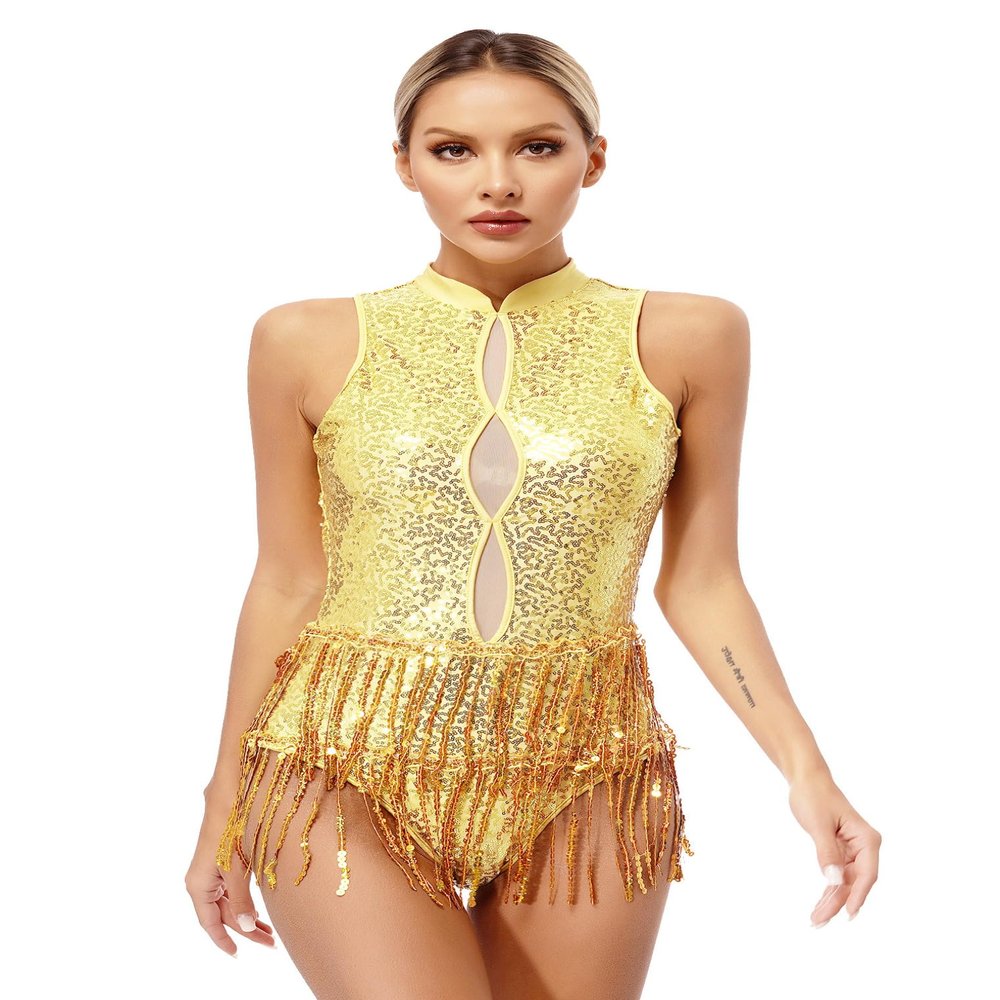 Hularka Women's Fringed Sequins Leotard Tassel Latin Samba Ballroom Dance Dress Party Costume A_Gold X-Large