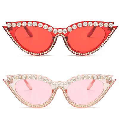 helena Fashion Diamond Cat Eye Sunglasses for Women Rhinestone Sun Glasses small frame bling Crystal Diamond Eyewear (red+pink)
