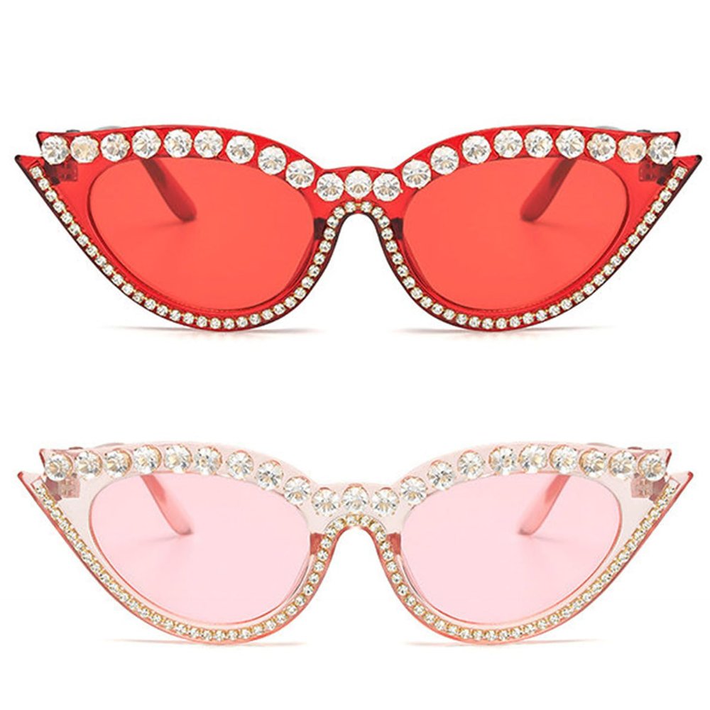 helena Fashion Diamond Cat Eye Sunglasses for Women Rhinestone Sun Glasses small frame bling Crystal Diamond Eyewear (red+pink)