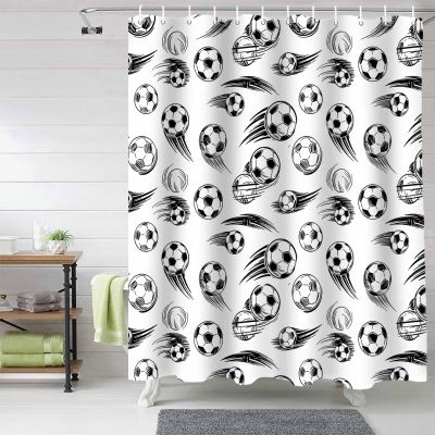 Anzona Football Waterproof Shower Curtains Set - Standard 66 x 72 Inch, Soccer Sports Black and White Decor Polyester Fabric Bathroom Curtain with 12 Hooks, Bathroom Accessories, 1 Panel