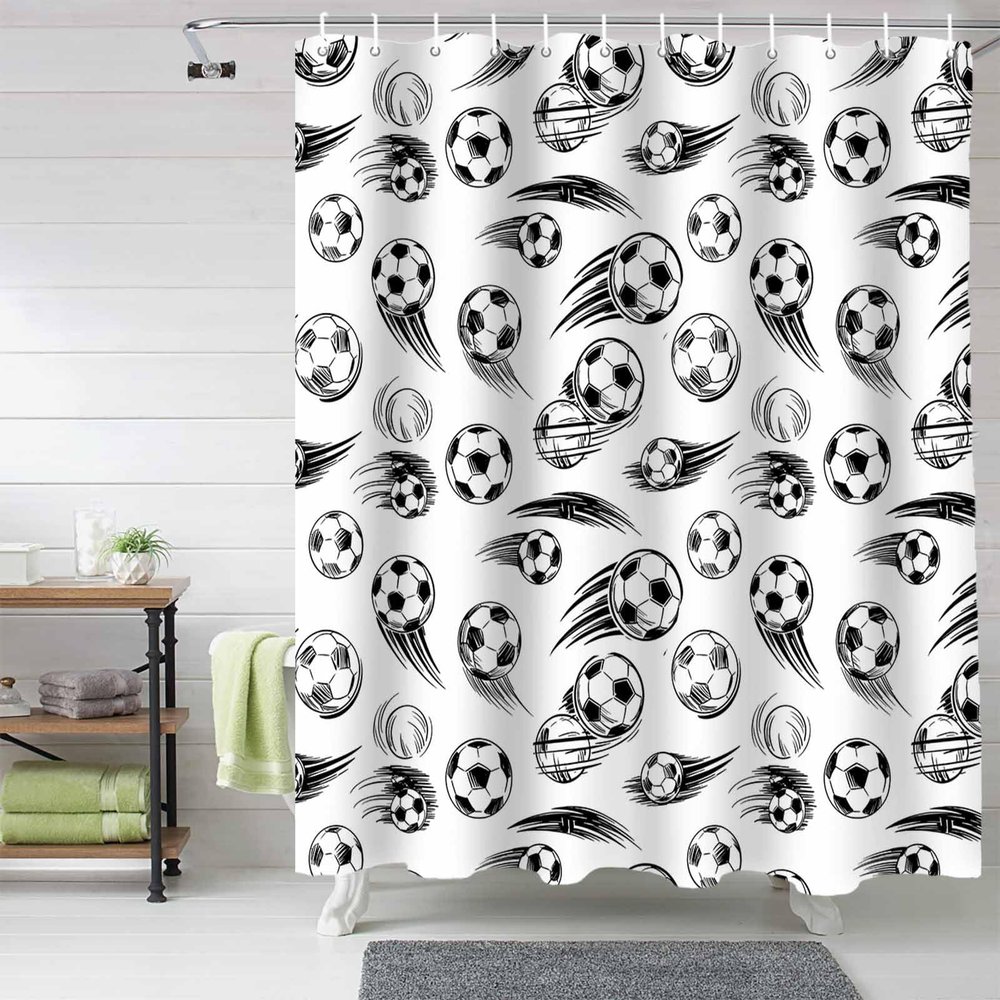 Anzona Football Waterproof Shower Curtains Set - Standard 66 x 72 Inch, Soccer Sports Black and White Decor Polyester Fabric Bathroom Curtain with 12 Hooks, Bathroom Accessories, 1 Panel