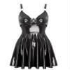 Vxuxlje Women's Wet Look Faux Leather Sleeveless A-Line Dress Strappy Ruffled Flared Party Dress Black Medium view 3
