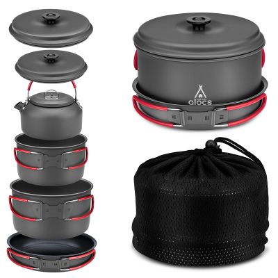 Alocs Camping Cookware Set Gear, Compact Camping Pots and Pans Set, Durable Hard Alumina Cooking Set for Outdoor Backpacking Hiking Picnic, Included Mesh Carry Bag