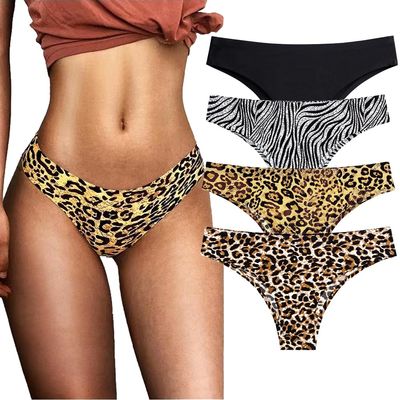 4 pack Seamless Women Underwear Thongs,No Show Ladies Thong,No Line Breathable Comfortable Panties,low waist Bikini Underwear Black,Leopard,tiger&zebra striped