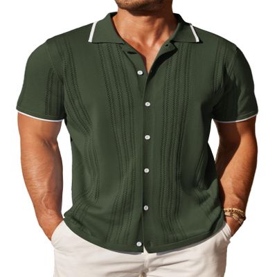 COOFANDY Men's Knit Button Down Shirt Vintage Short Sleeve Polo Shirts Casual Beach Tops Army Green