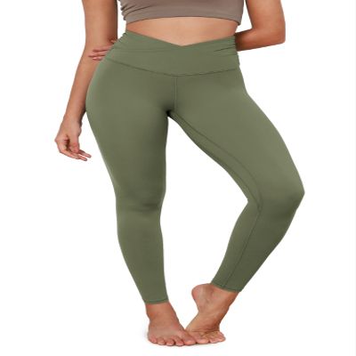 ODODOS Women's Cross Waist Full Length Yoga Leggings with Inner Pocket, Inseam 28" Gathered Crossover Workout Yoga Pants, Dark Olive, Large