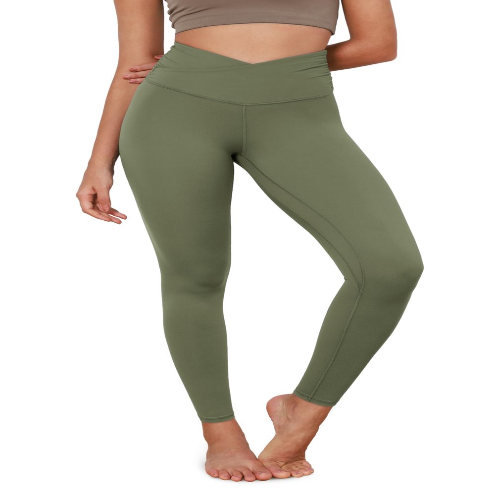 ODODOS Women's Cross Waist Full Length Yoga Leggings with Inner Pocket, Inseam 28" Gathered Crossover Workout Yoga Pants, Dark Olive, Large