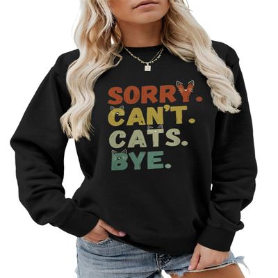 ESIKAH Sorry Can't Cats Bye Sweatshirt Retro Vintage Cat Lover Shirts Women Crewneck Graphic Pullover Tops Cats Mom Sweater Black