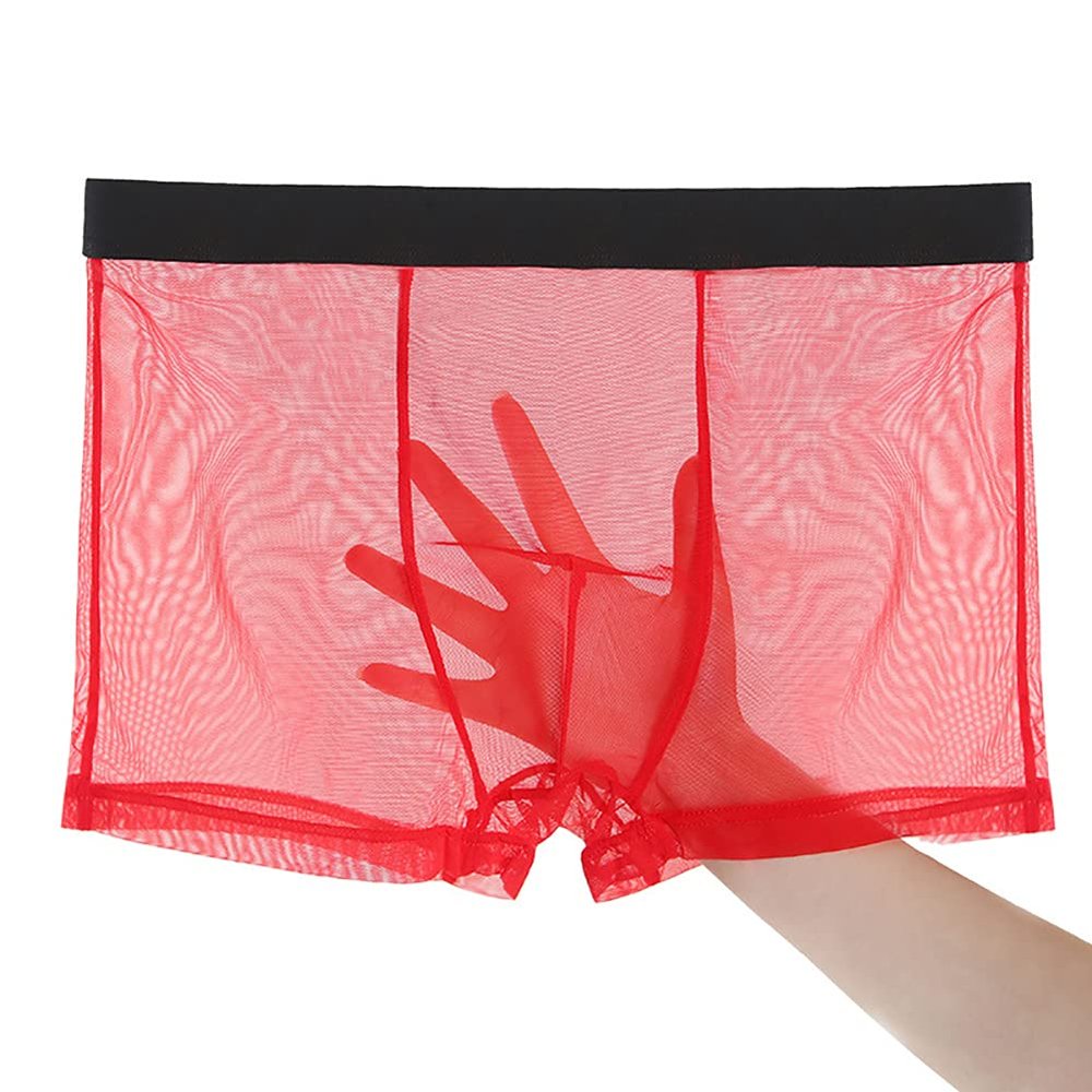 BMYALLEI Men's Underwear Sexy See-through Mesh Breathable Boxer Briefs Men's Transparent Printed Trucks (US, Alpha, X-Large, Regular, Short, Red)