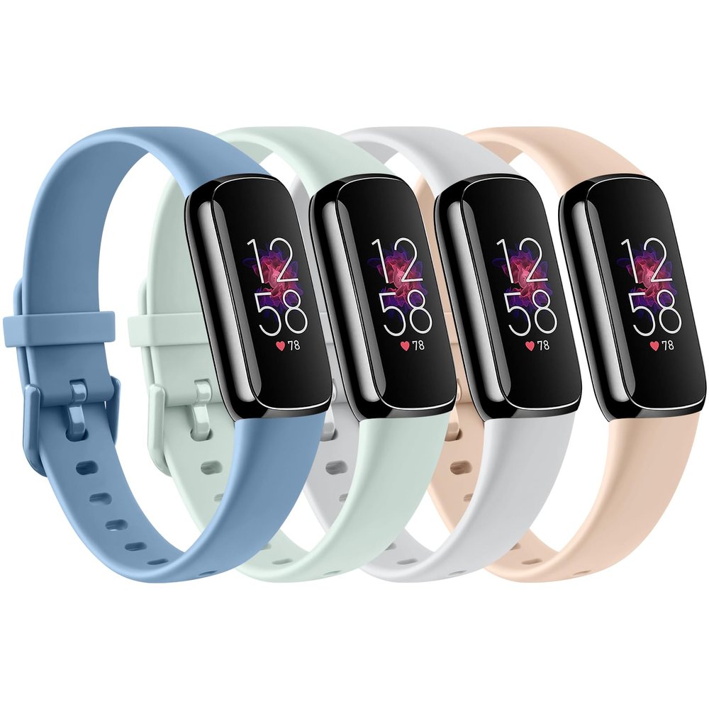 4 PACK Sport Bands Compatible with Fitbit Luxe Bands for Women Men, Soft Silicone Replacement Sport Straps Wristbands for Fitbit Luxe Fitness and Wellness Tracker (Senior Blue/Light Cyan/Light