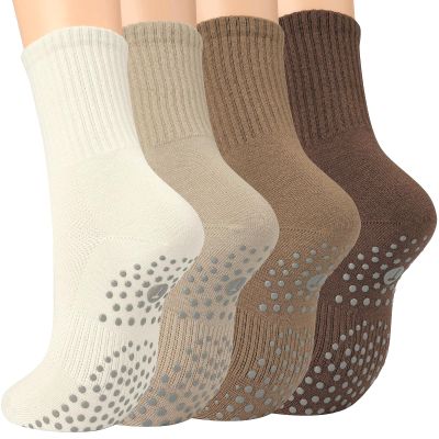 Toes Home Pilates Socks for Women with Non Slip Grippers, Yoga Crew Socks for Barre Hospital Exercise Workout Sticky Athletic Slipper Socks 4 Pairs Fall Brown Tan