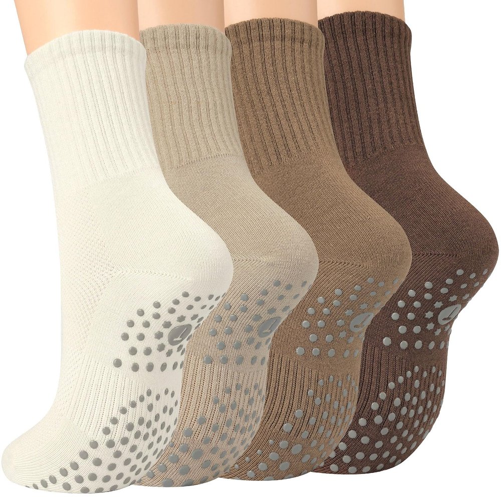 Toes Home Pilates Socks for Women with Non Slip Grippers, Yoga Crew Socks for Barre Hospital Exercise Workout Sticky Athletic Slipper Socks 4 Pairs Fall Brown Tan