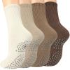 Toes Home Pilates Socks for Women with Non Slip Grippers, Yoga Crew Socks for Barre Hospital Exercise Workout Sticky Athletic Slipper Socks 4 Pairs Fall Brown Tan view 1