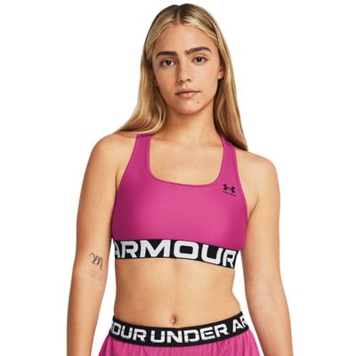 Under Armour HeatGear Authentics Mid Impact Branded Sports Bra Astro Pink/Black XS (US 0-2)