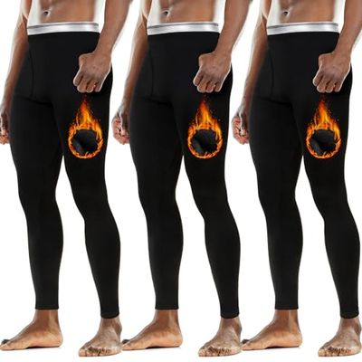 Cutecrop 3 Pack Men's Thermal Underwear Pants Fleece Lined Thermal Pant Leggings for Men Base Layer Bottoms(Large,Black)