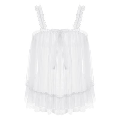 Freebily Men's Sissy Lingerie Lace Trim Camisole Tank Tops Sleepwear Crop Tops Sexy Chemise Tops White Medium