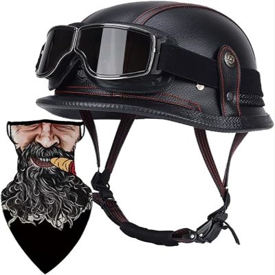 German Style Motorcycle Helmet Thin Skull Cap Half Helmet with Goggles for Adult Men Women, Retro Half Face Helmet DOT Approve Helmet Novelty Half Helmet for Cruiser Scooter Chopper 10,L