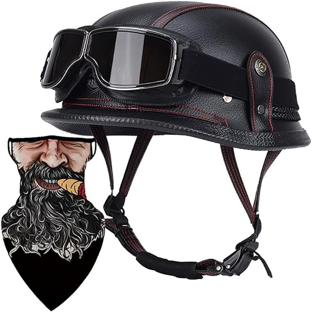 German Style Motorcycle Helmet Thin Skull Cap Half Helmet with Goggles for Adult Men Women, Retro Half Face Helmet DOT Approve Helmet Novelty Half Helmet for Cruiser Scooter Chopper 10,L