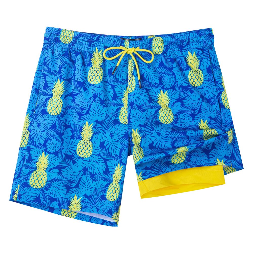 SURF CUZ Mens Swim Trunks with Compression Liner Quick Dry Swim Shorts 7" Swimming Trunks Stretch Zipper Pockets,Pineapple Coast,XL